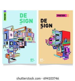 Flat color covers set. Abstract colorful geometric 3d with typography design template. Trendy poster design and colorful theme. 