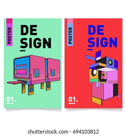 Flat color covers set. Abstract colorful geometric 3d with typography design template. Trendy poster design and colorful theme. 