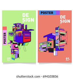 Flat color covers set. Abstract colorful geometric 3d with typography design template. Trendy poster design and colorful theme. 