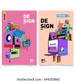 Flat color covers set. Abstract colorful geometric 3d with typography design template. Trendy poster design and colorful theme. 