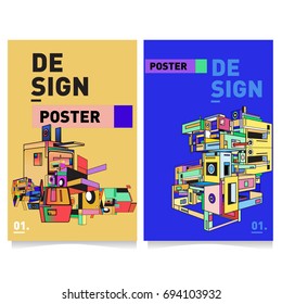 Flat color covers set. Abstract colorful geometric 3d with typography design template. Trendy poster design and colorful theme. 