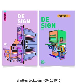 Flat color covers set. Abstract colorful geometric 3d with typography design template. Trendy poster design and colorful theme. 