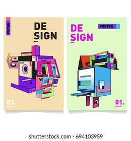 Flat color covers set. Abstract colorful geometric 3d with typography design template. Trendy poster design and colorful theme. 