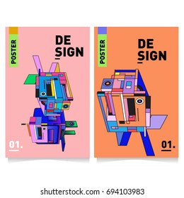 Flat color covers set. Abstract colorful geometric 3d with typography design template. Trendy poster design and colorful theme. 
