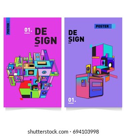 Flat color covers set. Abstract colorful geometric 3d with typography design template. Trendy poster design and colorful theme. 