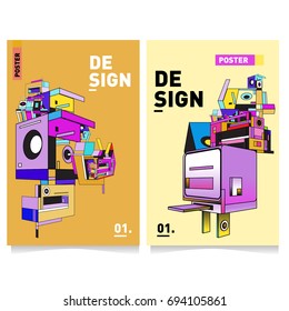 Flat color covers set. Abstract colorful geometric 3d with typography design template. Trendy poster design and colorful theme. 