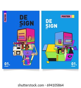 Flat color covers set. Abstract colorful geometric 3d with typography design template. Trendy poster design and colorful theme. 