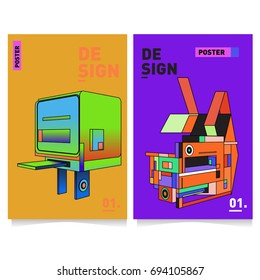Flat color covers set. Abstract colorful geometric 3d with typography design template. Trendy poster design and colorful theme. 