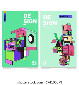 Flat color covers set. Abstract colorful geometric 3d with typography design template. Trendy poster design and colorful theme. 