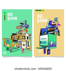 Flat color covers set. Abstract colorful geometric 3d with typography design template. Trendy poster design and colorful theme. 