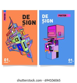 Flat color covers set. Abstract colorful geometric 3d with typography design template. Trendy poster design and colorful theme. 