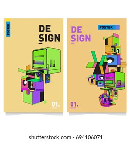 Flat color covers set. Abstract colorful geometric 3d with typography design template. Trendy poster design and colorful theme. 