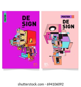 Flat color covers set. Abstract colorful geometric 3d with typography design template. Trendy poster design and colorful theme. 