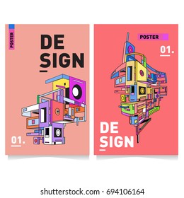 Flat color covers set. Abstract colorful geometric 3d with typography design template. Trendy poster design and colorful theme. 