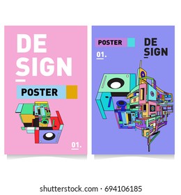 Flat color covers set. Abstract colorful geometric 3d with typography design template. Trendy poster design and colorful theme. 