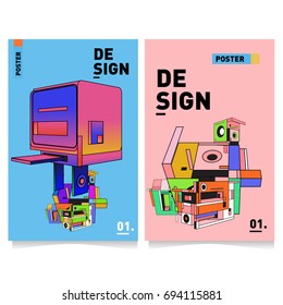 Flat color covers set. Abstract colorful geometric 3d with typography design template. Trendy poster design and colorful theme. 