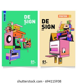 Flat color covers set. Abstract colorful geometric 3d with typography design template. Trendy poster design and colorful theme. 