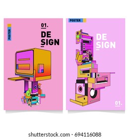 Flat color covers set. Abstract colorful geometric 3d with typography design template. Trendy poster design and colorful theme. 