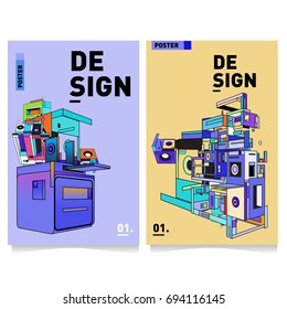 Flat color covers set. Abstract colorful geometric 3d with typography design template. Trendy poster design and colorful theme. 