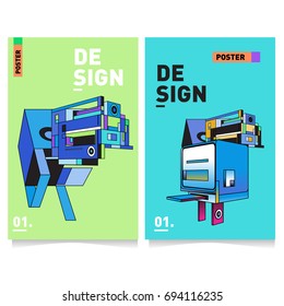 Flat color covers set. Abstract colorful geometric 3d with typography design template. Trendy poster design and colorful theme. 