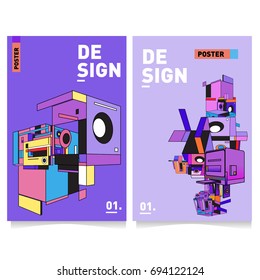 Flat color covers set. Abstract colorful geometric 3d with typography design template. Trendy poster design and colorful theme. 