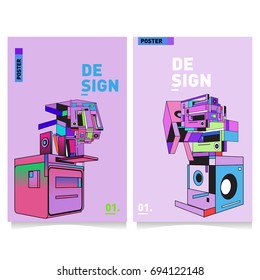 Flat color covers set. Abstract colorful geometric 3d with typography design template. Trendy poster design and colorful theme. 