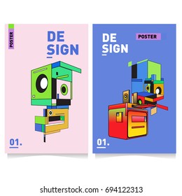 Flat color covers set. Abstract colorful geometric 3d with typography design template. Trendy poster design and colorful theme. 