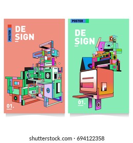 Flat color covers set. Abstract colorful geometric 3d with typography design template. Trendy poster design and colorful theme. 