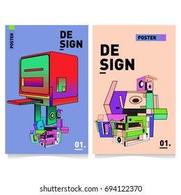 Flat color covers set. Abstract colorful geometric 3d with typography design template. Trendy poster design and colorful theme. 
