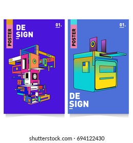 Flat color covers set. Abstract colorful geometric 3d with typography design template. Trendy poster design and colorful theme. 