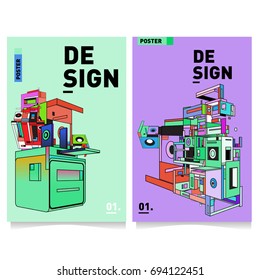 Flat color covers set. Abstract colorful geometric 3d with typography design template. Trendy poster design and colorful theme. 