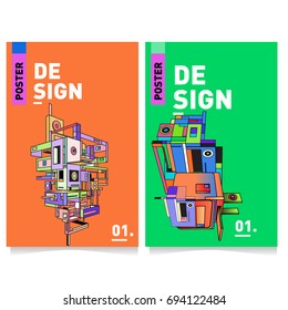 Flat color covers set. Abstract colorful geometric 3d with typography design template. Trendy poster design and colorful theme. 