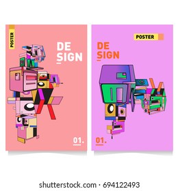 Flat color covers set. Abstract colorful geometric 3d with typography design template. Trendy poster design and colorful theme. 