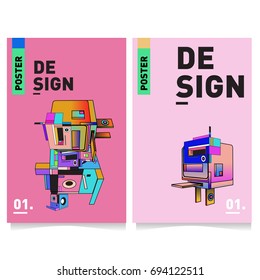 Flat color covers set. Abstract colorful geometric 3d with typography design template. Trendy poster design and colorful theme. 