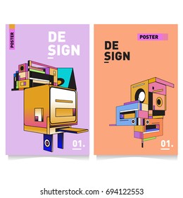 Flat color covers set. Abstract colorful geometric 3d with typography design template. Trendy poster design and colorful theme. 