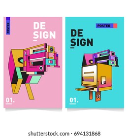 Flat color covers set. Abstract colorful geometric 3d with typography design template. Trendy poster design and colorful theme. 