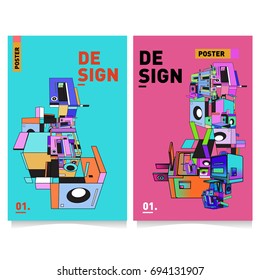 Flat color covers set. Abstract colorful geometric 3d with typography design template. Trendy poster design and colorful theme. 