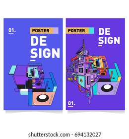 Flat color covers set. Abstract colorful geometric 3d with typography design template. Trendy poster design and colorful theme. 