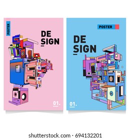 Flat color covers set. Abstract colorful geometric 3d with typography design template. Trendy poster design and colorful theme. 