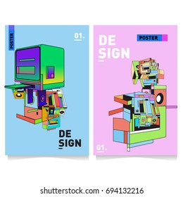 Flat color covers set. Abstract colorful geometric 3d with typography design template. Trendy poster design and colorful theme. 