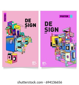Flat color covers set. Abstract colorful geometric 3d with typography design template. Trendy poster design and colorful theme. 