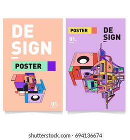 Flat color covers set. Abstract colorful geometric 3d with typography design template. Trendy poster design and colorful theme. 