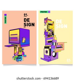 Flat color covers set. Abstract colorful geometric 3d with typography design template. Trendy poster design and colorful theme. 