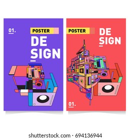 Flat color covers set. Abstract colorful geometric 3d with typography design template. Trendy poster design and colorful theme. 