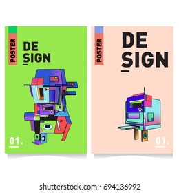 Flat color covers set. Abstract colorful geometric 3d with typography design template. Trendy poster design and colorful theme. 