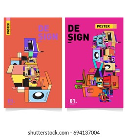 Flat color covers set. Abstract colorful geometric 3d with typography design template. Trendy poster design and colorful theme. 