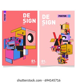 Flat color covers set. Abstract colorful geometric 3d with typography design template. Trendy poster design and colorful theme. 