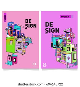 Flat color covers set. Abstract colorful geometric 3d with typography design template. Trendy poster design and colorful theme. 