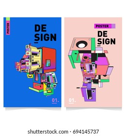 Flat color covers set. Abstract colorful geometric 3d with typography design template. Trendy poster design and colorful theme. 