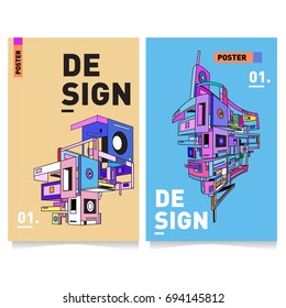 Flat color covers set. Abstract colorful geometric 3d with typography design template. Trendy poster design and colorful theme. 